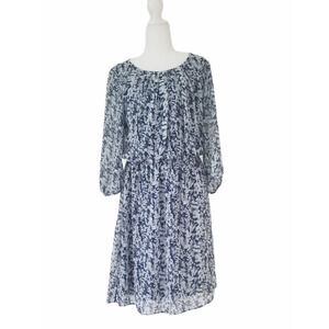 AB Studio Blue & White Leaf Print Dress, Elastic Waist - Size M
